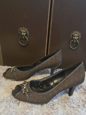 Etienne Aigner Brown Patterned Peep-Toe Heels with Gold Hardware
